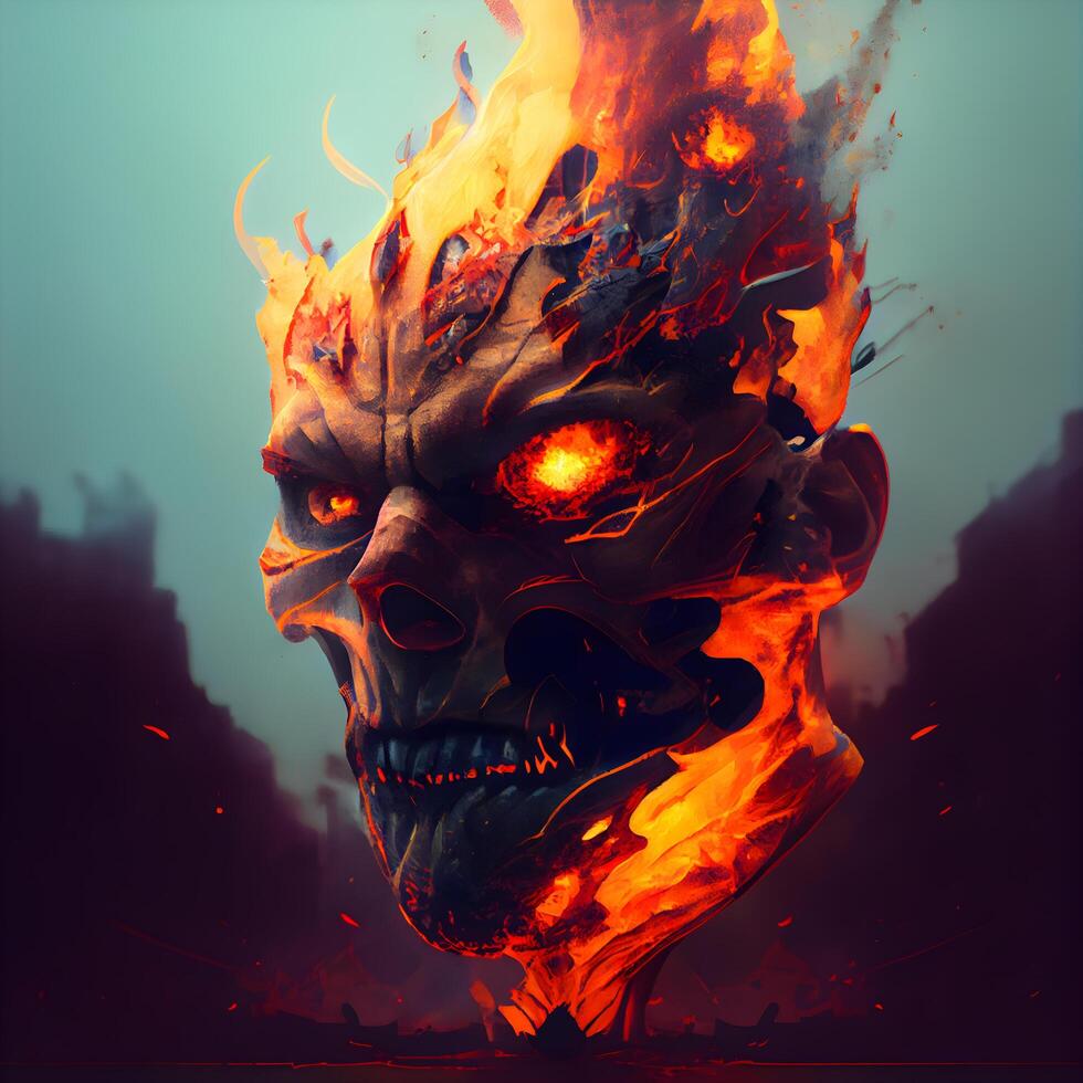 Skull burning in fire. Halloween concept. 3D illustration., Image photo