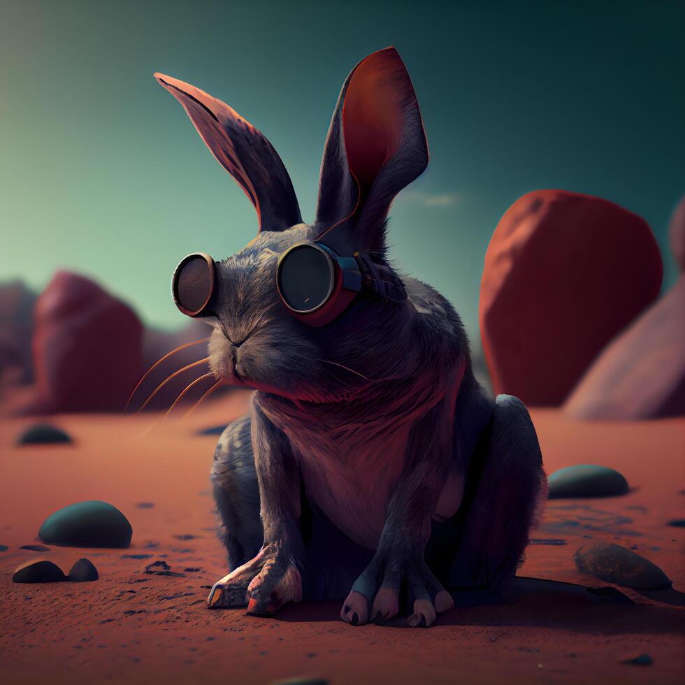 rabbit with sunglasses in the desert. 3d render illustration., Image photo