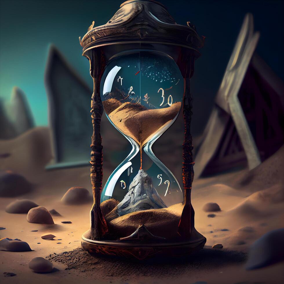 Hourglass on sand background. Time concept. 3D rendering., Image photo