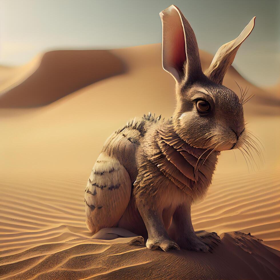 Bunny in the desert. 3D render. Vintage style., Image photo