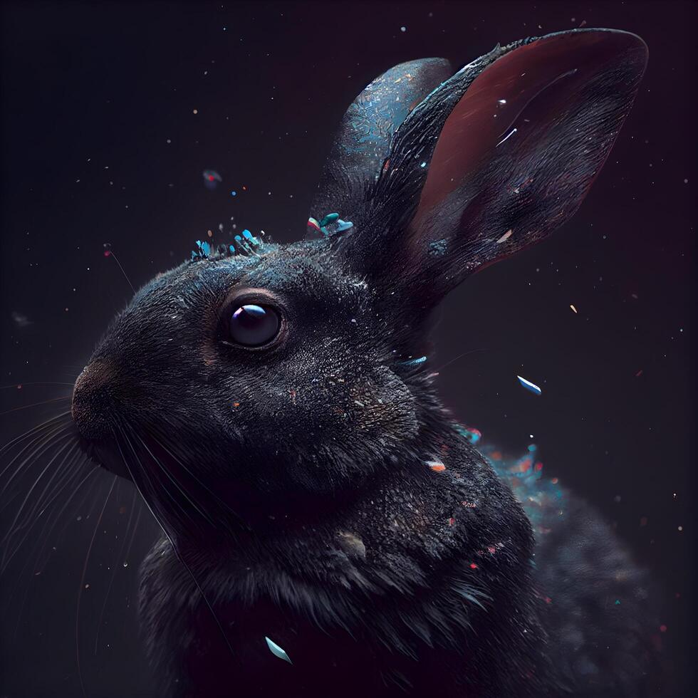 negro Conejo con gotas de agua en un negro fondo, estudio disparo, ai generativo imagen foto