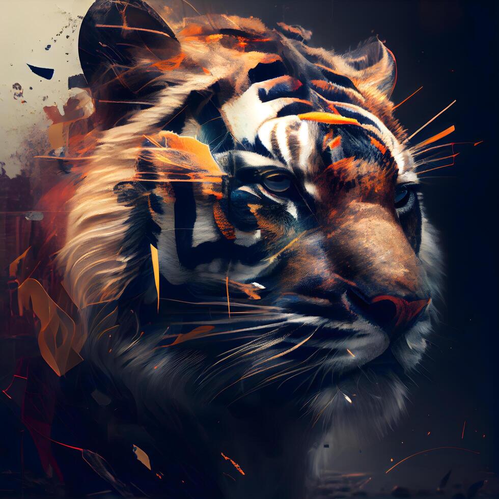 Tiger portrait with fire effect. Digital painting. Colorful background., Image photo