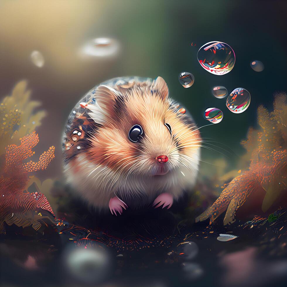 Cute hamster with soap bubbles on a dark background. 3d rendering, Image photo