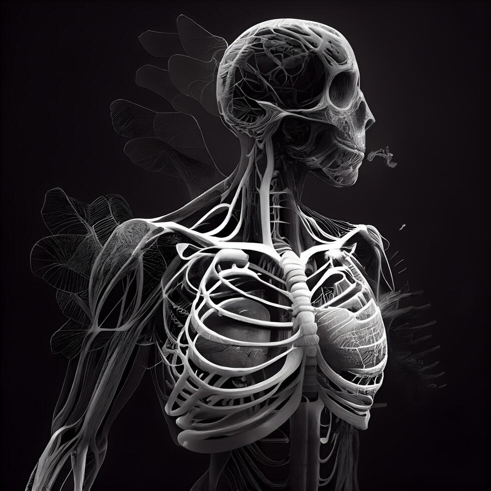 humano esqueleto anatomía, 3d prestar, negro y blanco, médico fondo, ai generativo imagen foto