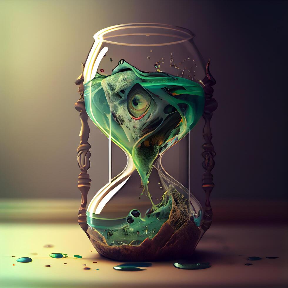 Hourglass with green and blue liquid inside. 3D rendering., Image photo