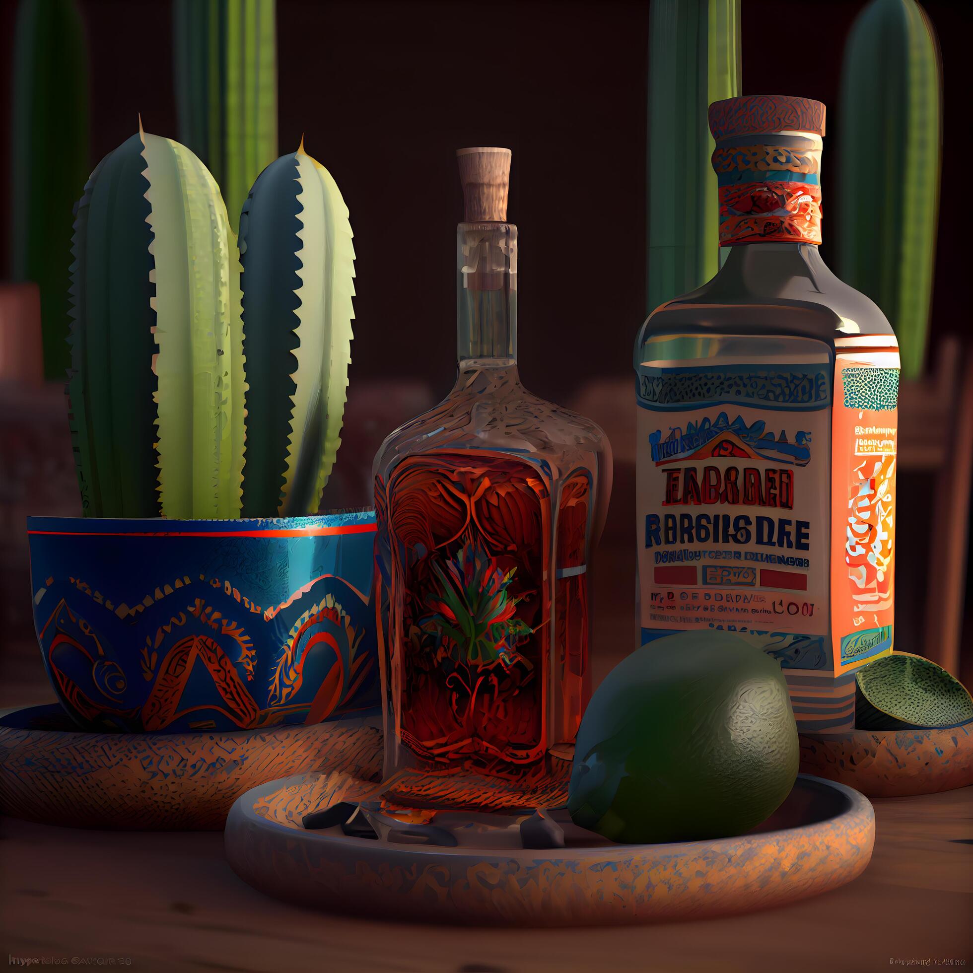 Mexican tequila bottle with tequila, lime and cactus on wooden
