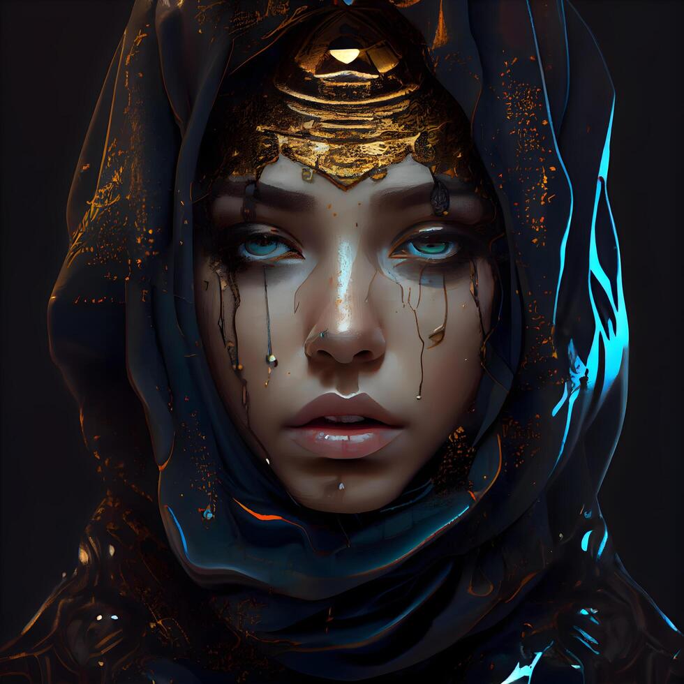 Portrait of a beautiful young woman in a black hijab. 3d rendering, Image photo
