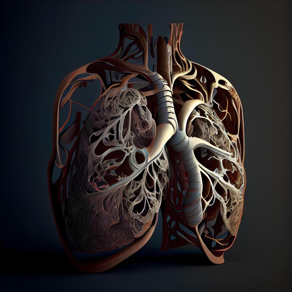 humano corazón anatomía en un oscuro antecedentes. 3d hacer ilustración., ai generativo imagen foto