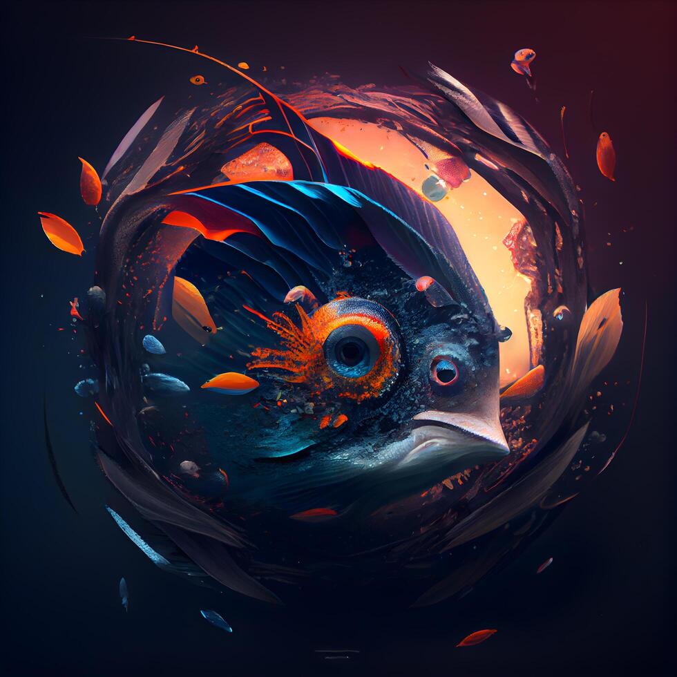 3D illustration of a fish swimming in the water. Abstract background., Image photo