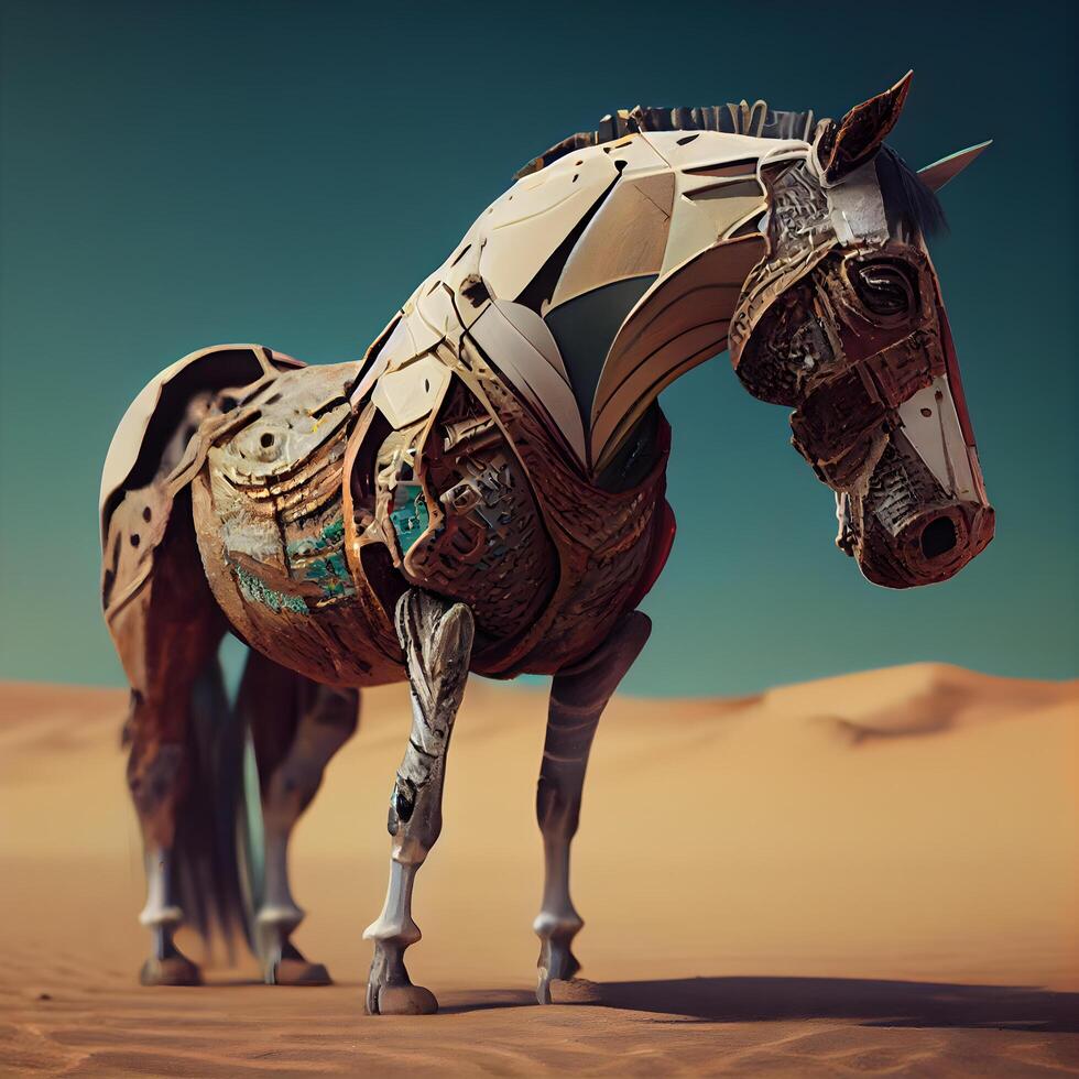 Horse in the desert. 3d illustration. Vintage style., Image photo