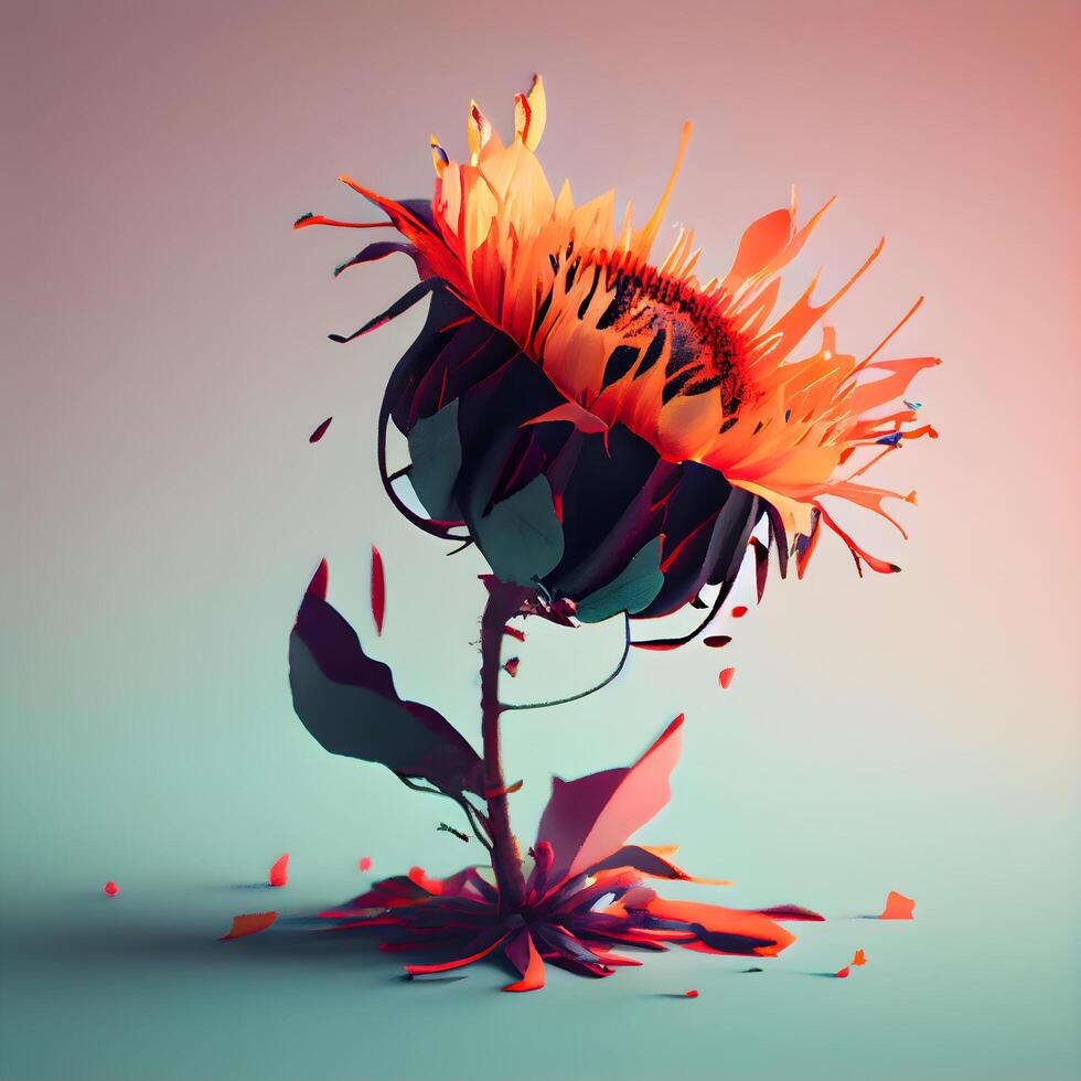 girasol con rojo pétalos en un azul antecedentes. 3d ilustración, ai generativo imagen foto