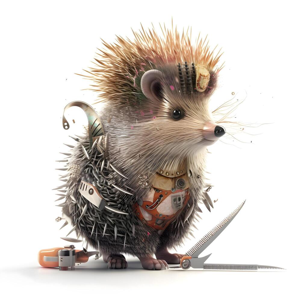 Hedgehog dressed as a viking warrior with a sword isolated on white background, Image photo