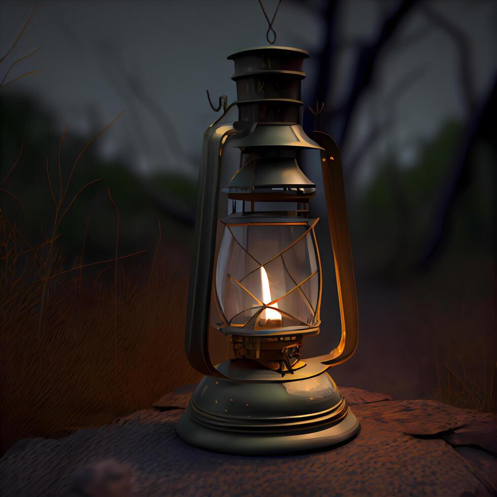 Lantern in the forest. 3D rendering. Vintage style., Image photo