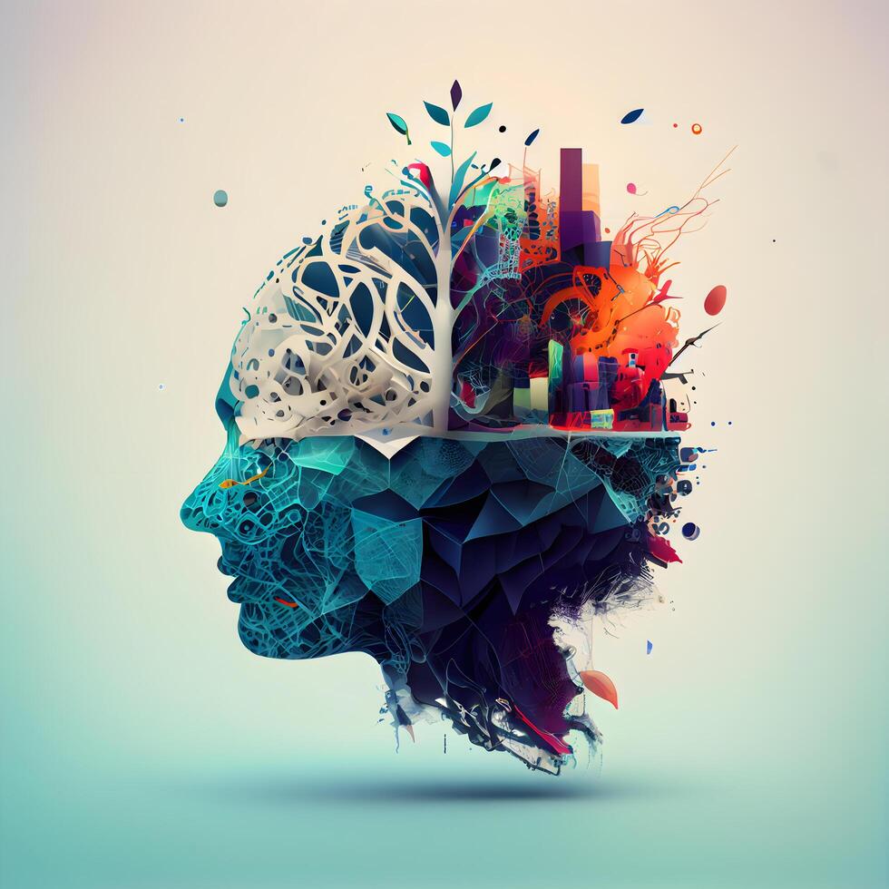 Human head with eco cityscape in the background. 3D illustration., Image photo