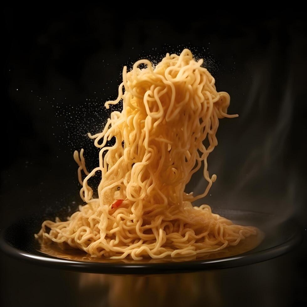 Instant noodles on a plate with steam and smoke on a black background, Image photo