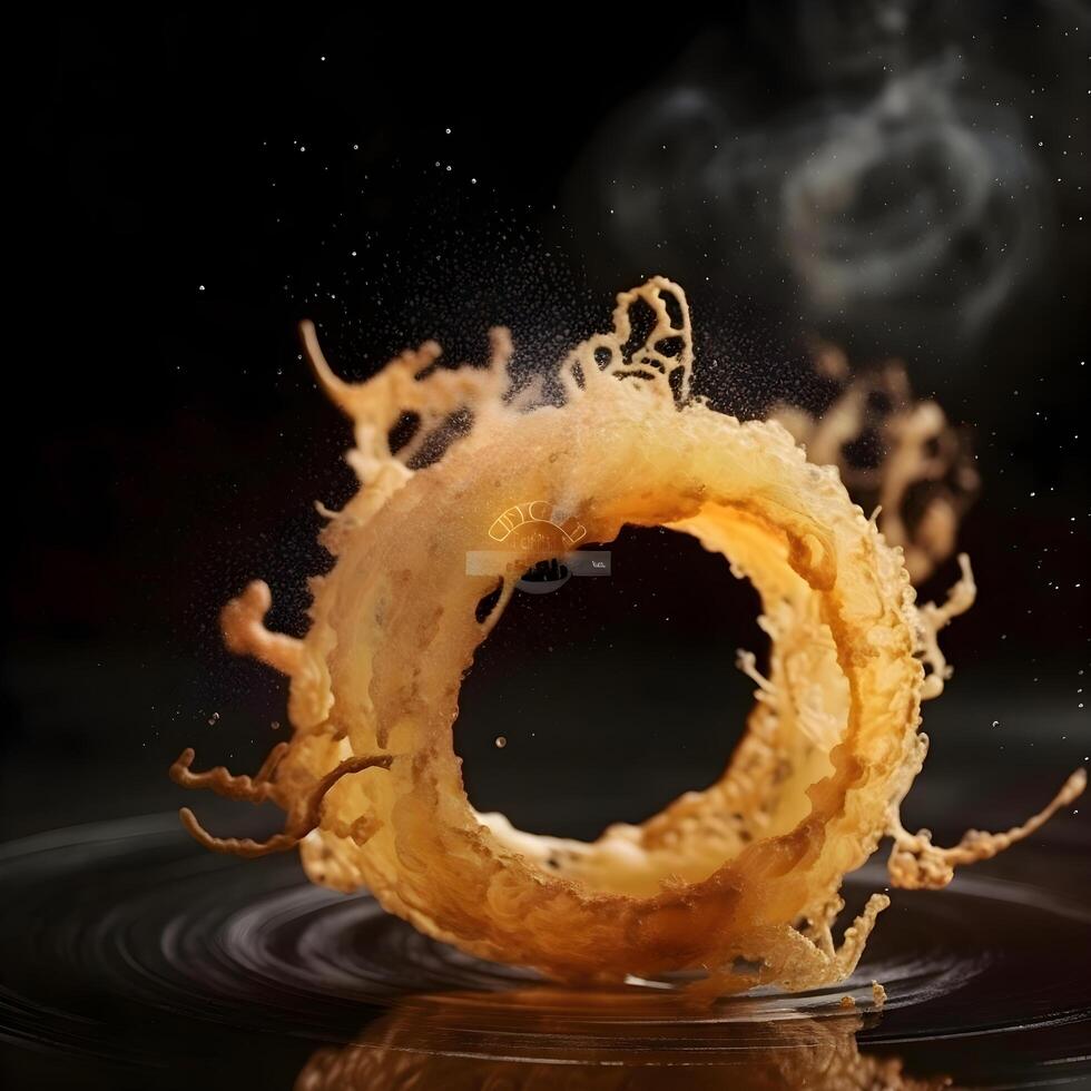 Falling donut with splashes of milk on a black background, Image photo