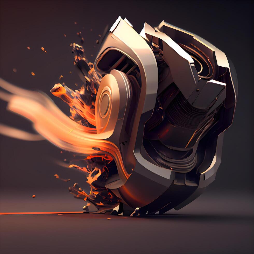 3d rendering of a robot head in fire on a dark background, Image photo