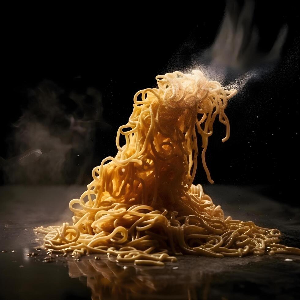 Instant noodles with sauce and vegetables on a dark background. Selective focus., Image photo