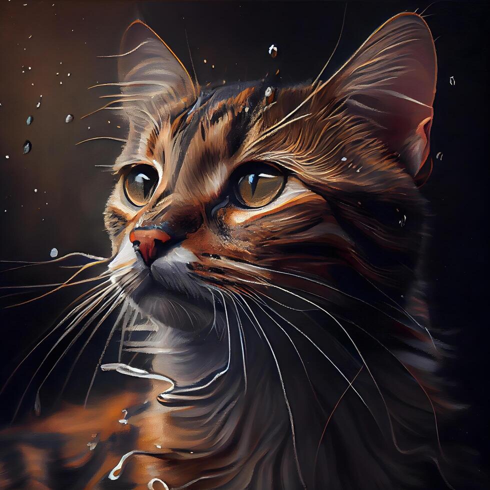 Cat portrait with water drops. Digital painting on a black background., Image photo