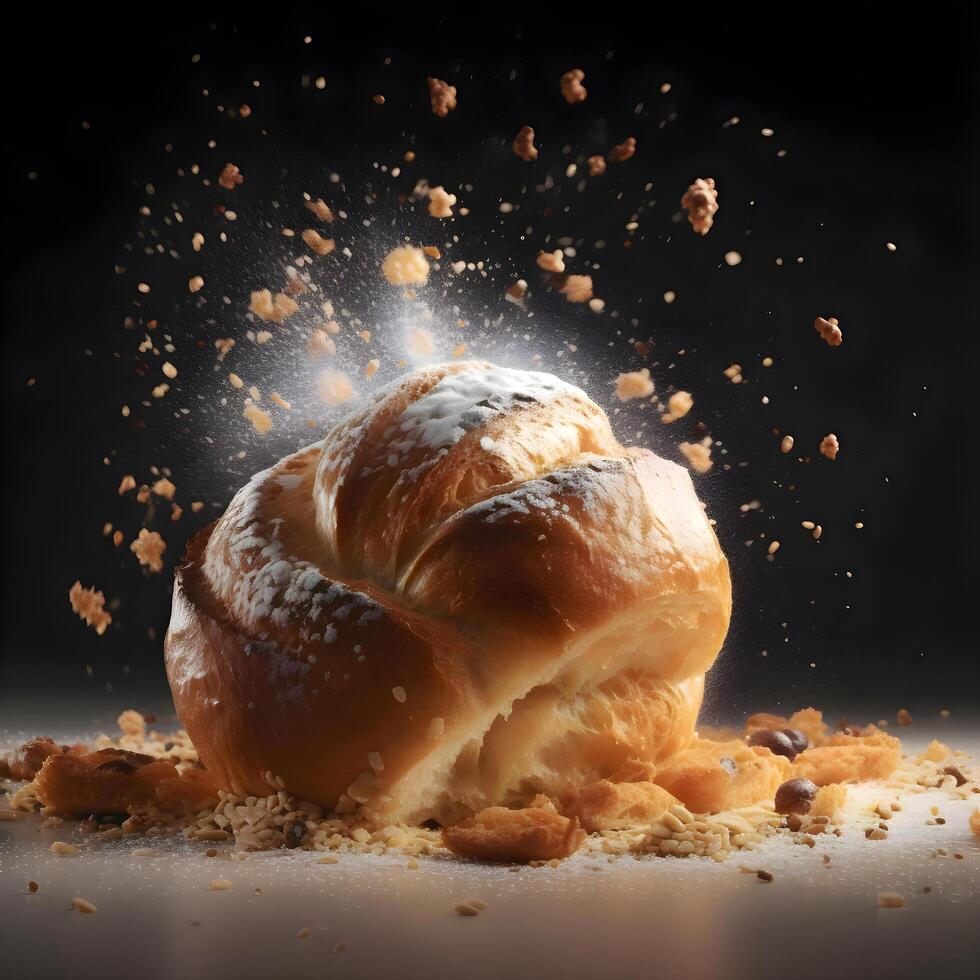 Bread with splashes and drops of milk on a black background, Image photo