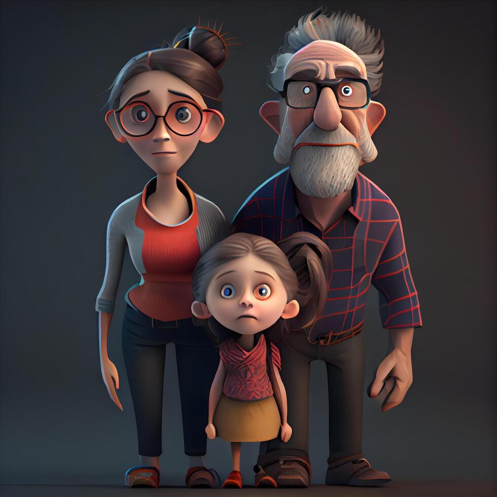 Grandfather, grandmother and granddaughter standing together in front of a dark background, Image photo