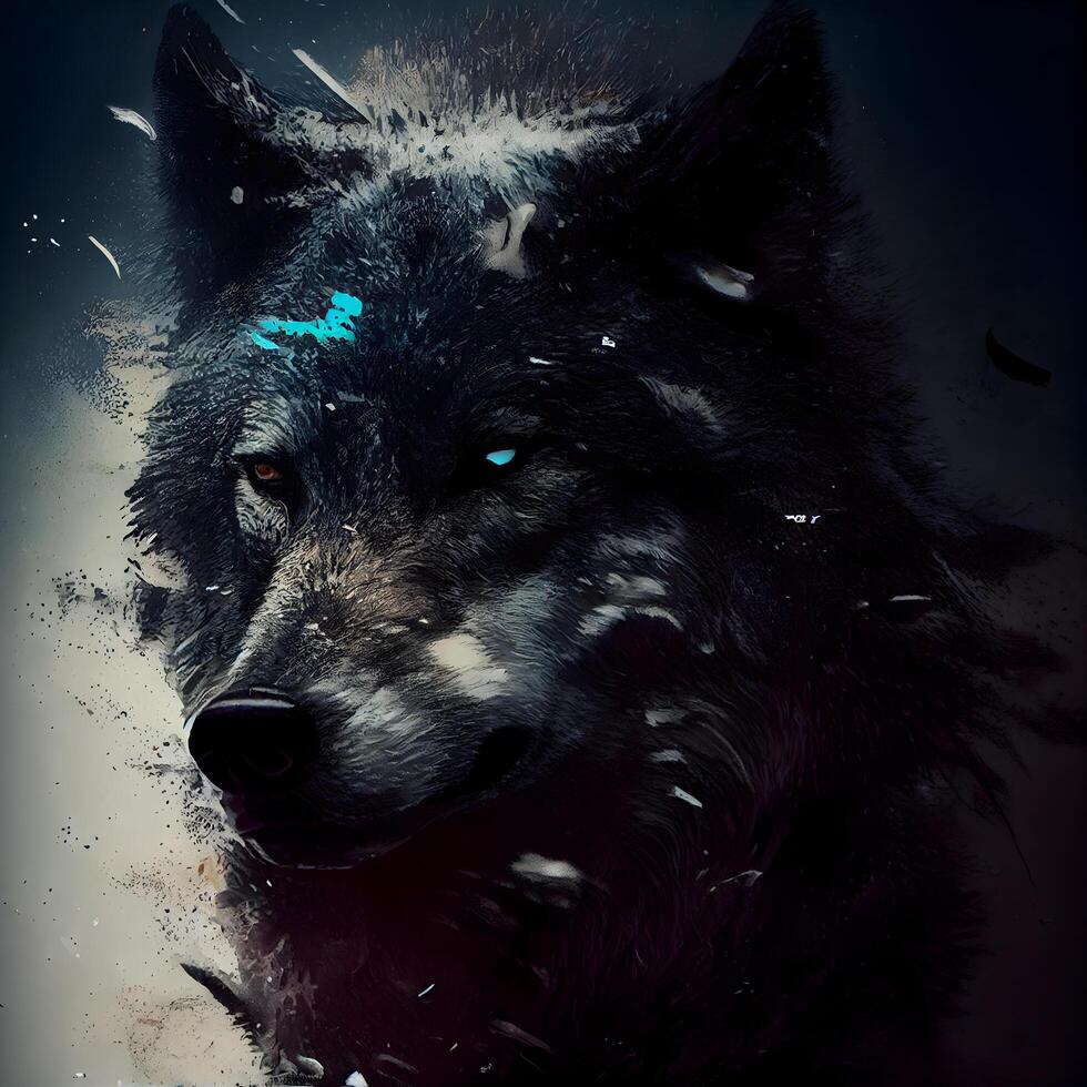 Black wolf with blue eyes on a black background. Collage., Image photo