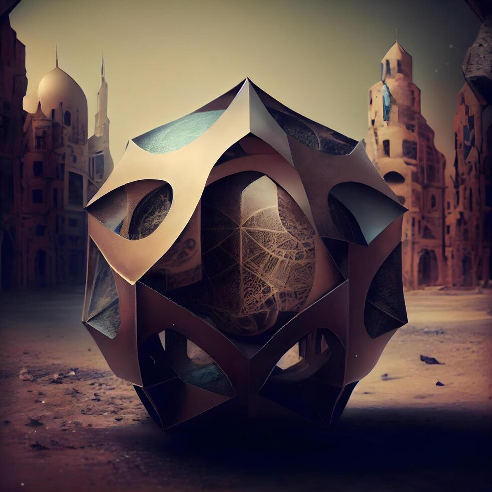 3D rendering of an abstract sphere in front of a mosque., Image photo