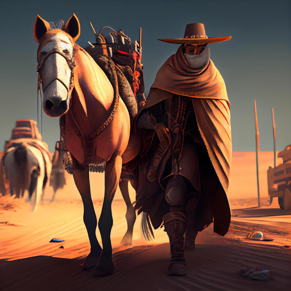 Camel caravan in the Sahara desert. 3d render illustration., Image photo