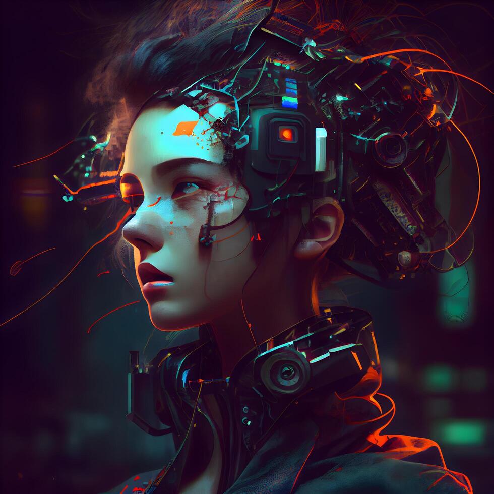 A portrait of a futuristic girl with artificial intelligence. 3d rendering., Image photo