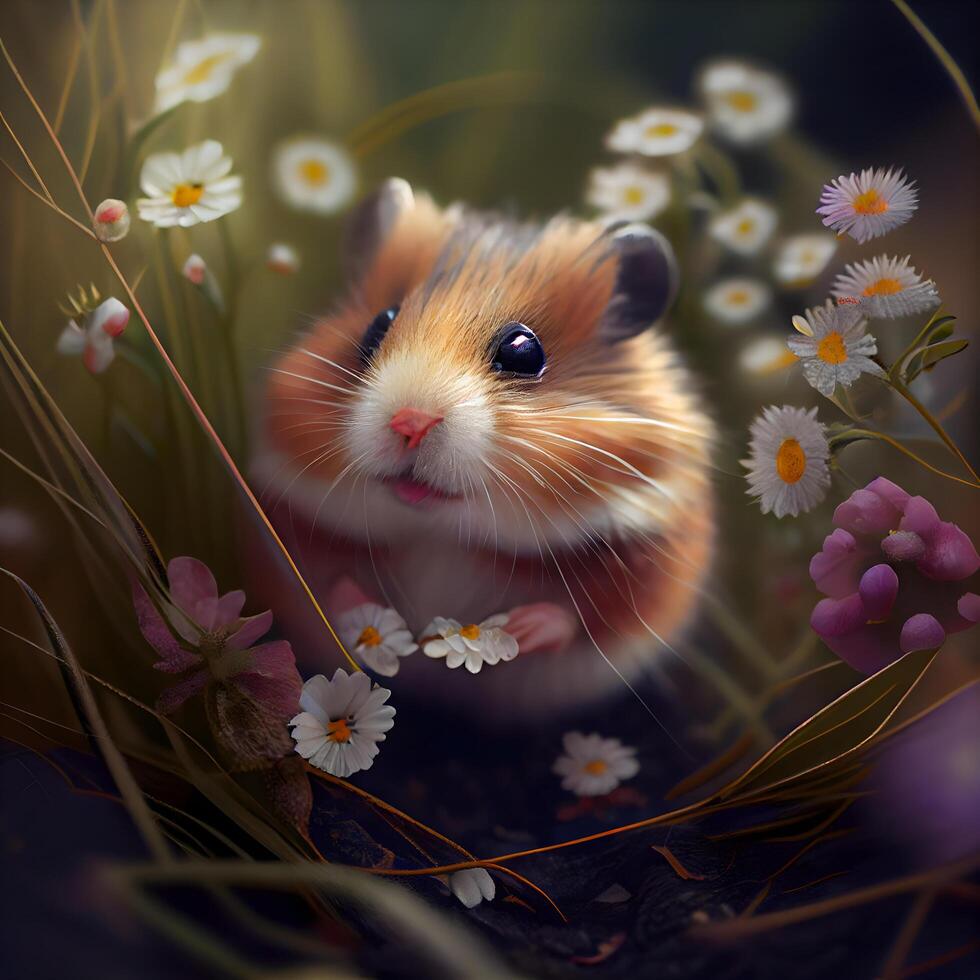 Hamster in the grass with daisies and chamomiles, Image photo