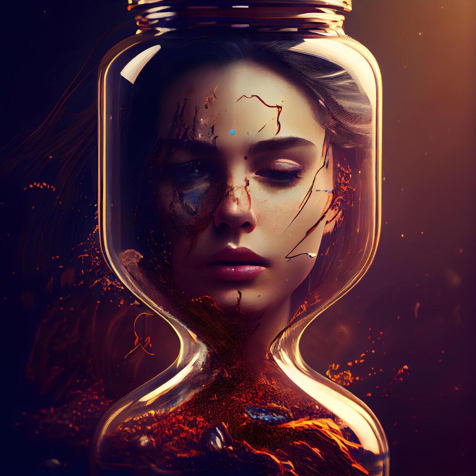 Portrait of a beautiful woman in a glass jar with blood on her face., Image photo