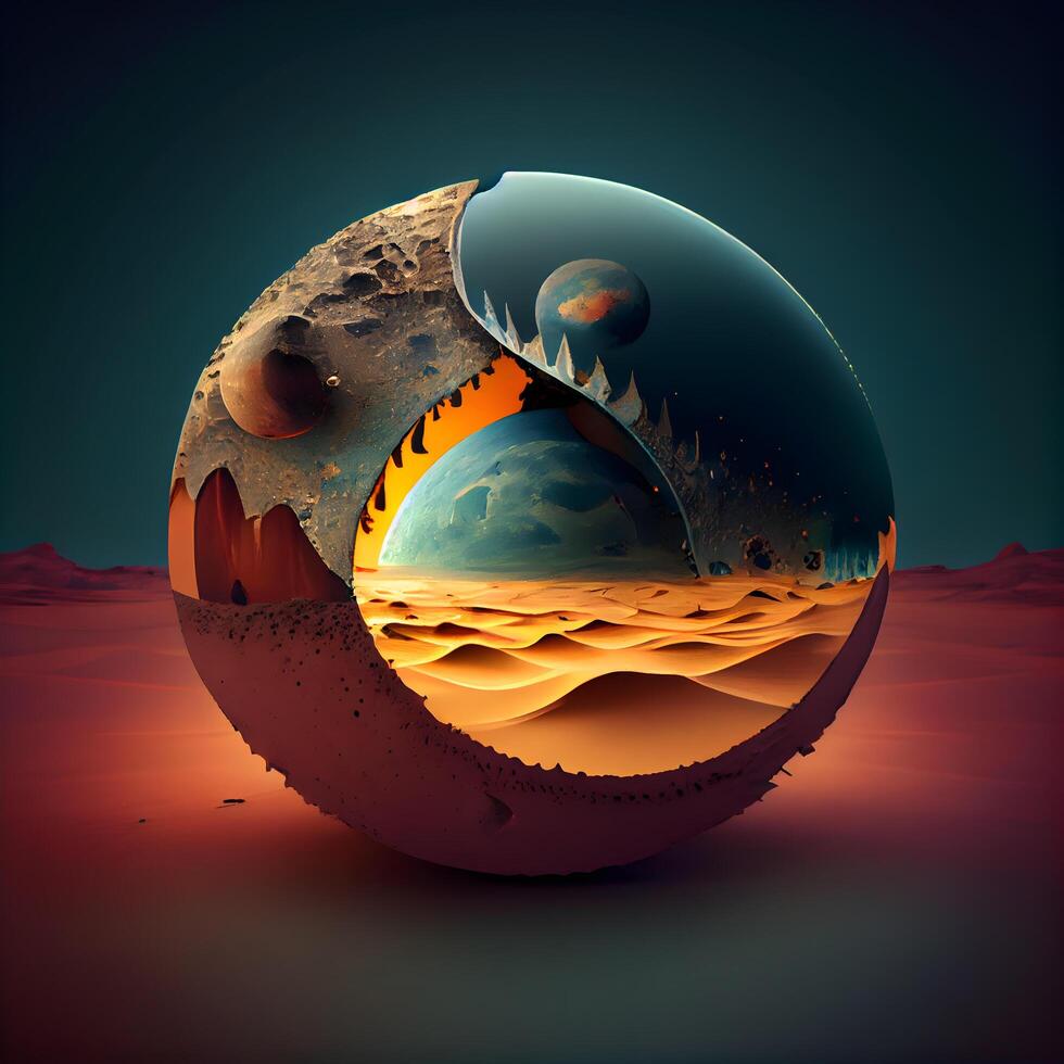 3d illustration of a planet in the desert with a hole in the middle, Image photo