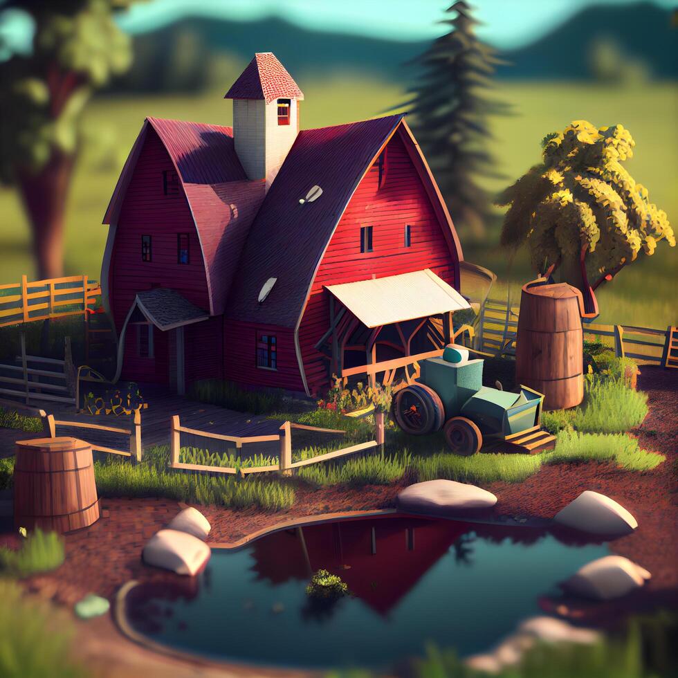 3d illustration of a red barn with a tractor in the background, Image photo