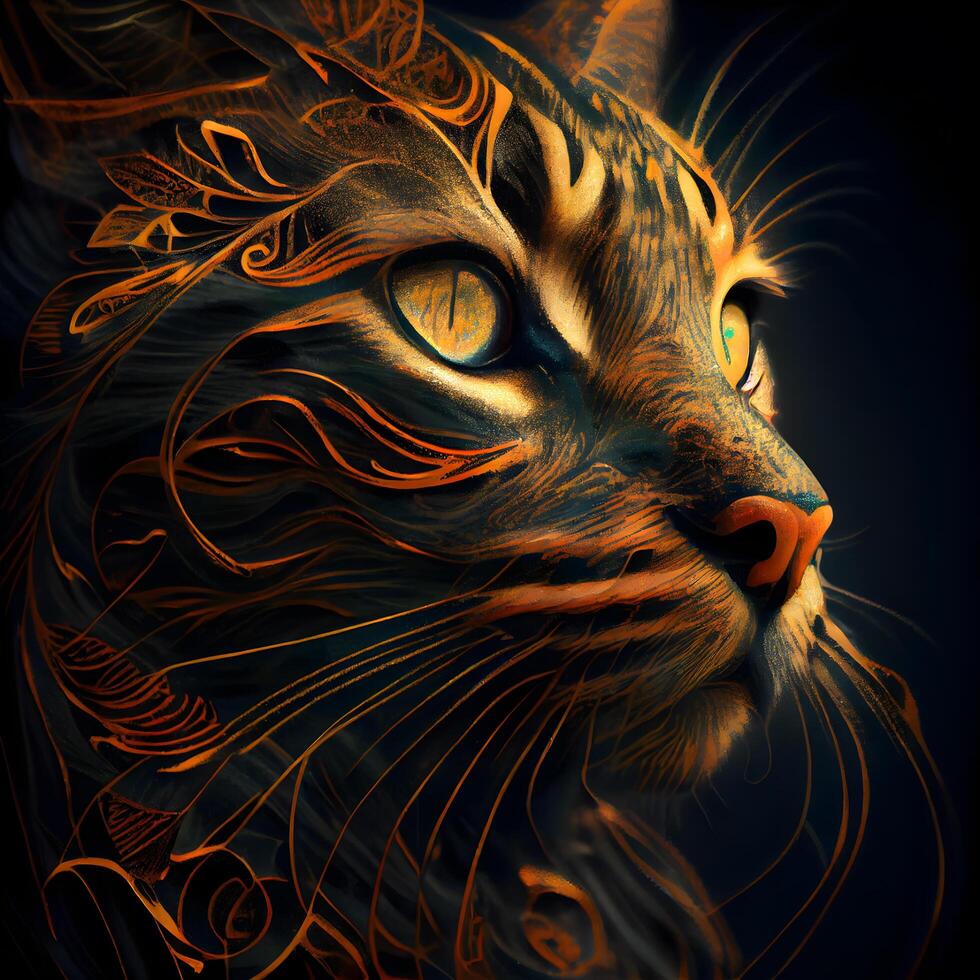 Cat with abstract pattern on the face. Fantasy animal portrait. 3D illustration., Image photo