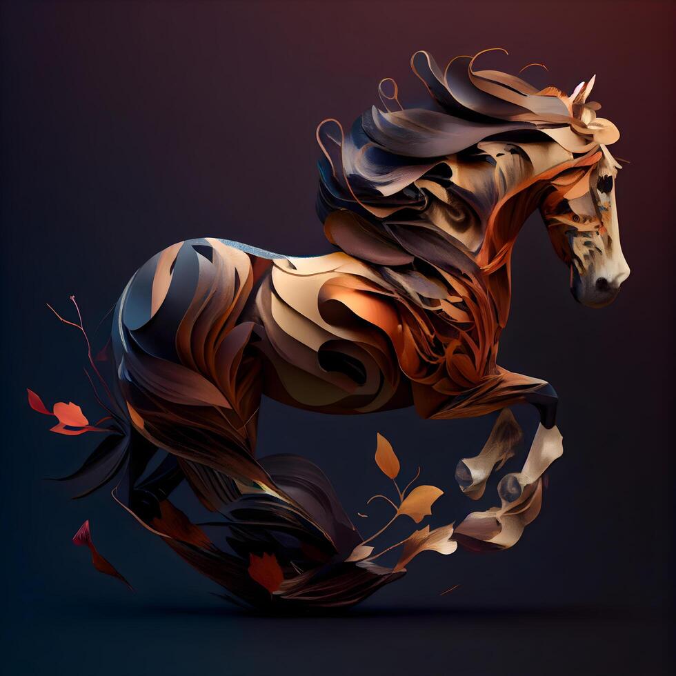 Horse with beautiful mane made of wood. illustration., Image photo