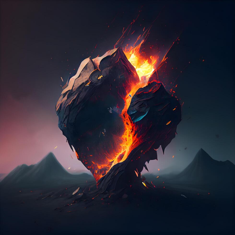 Burning lava in the form of a heart on a dark background, Image photo