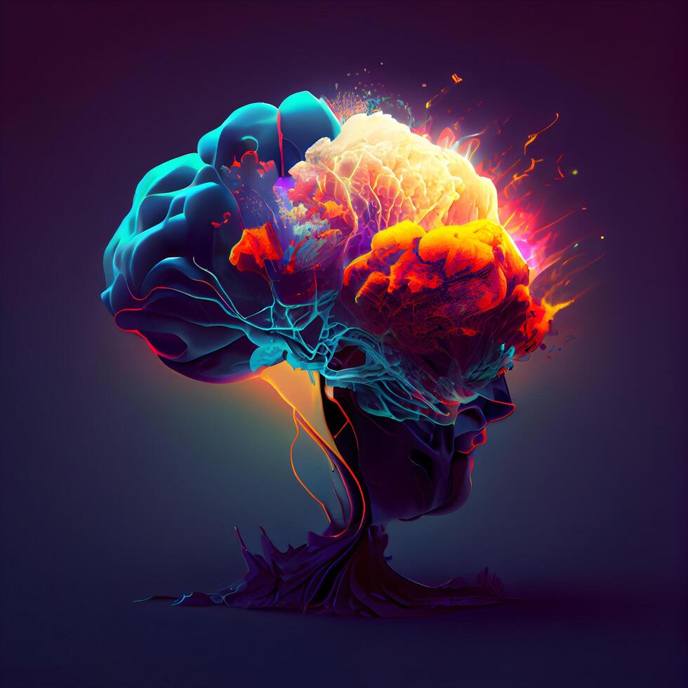 Human brain with red and blue fire inside. 3D illustration., Image photo