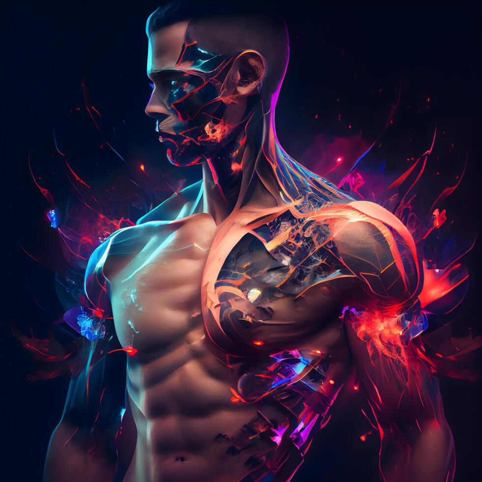 3d rendered illustration of a male body with highlighted abs and bones, Image photo