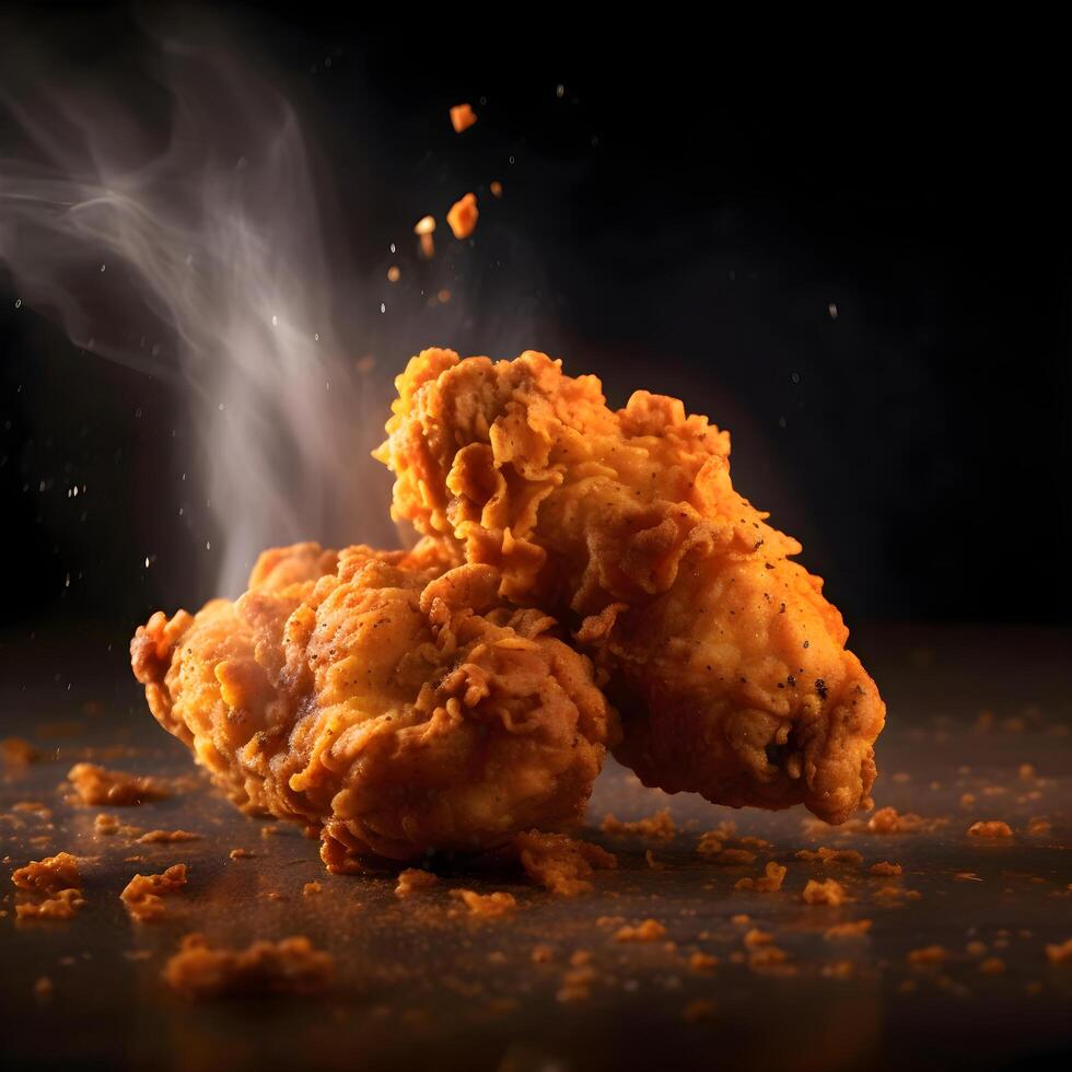 Fried bread with flour and smoke on a black background. Copy space., Image photo