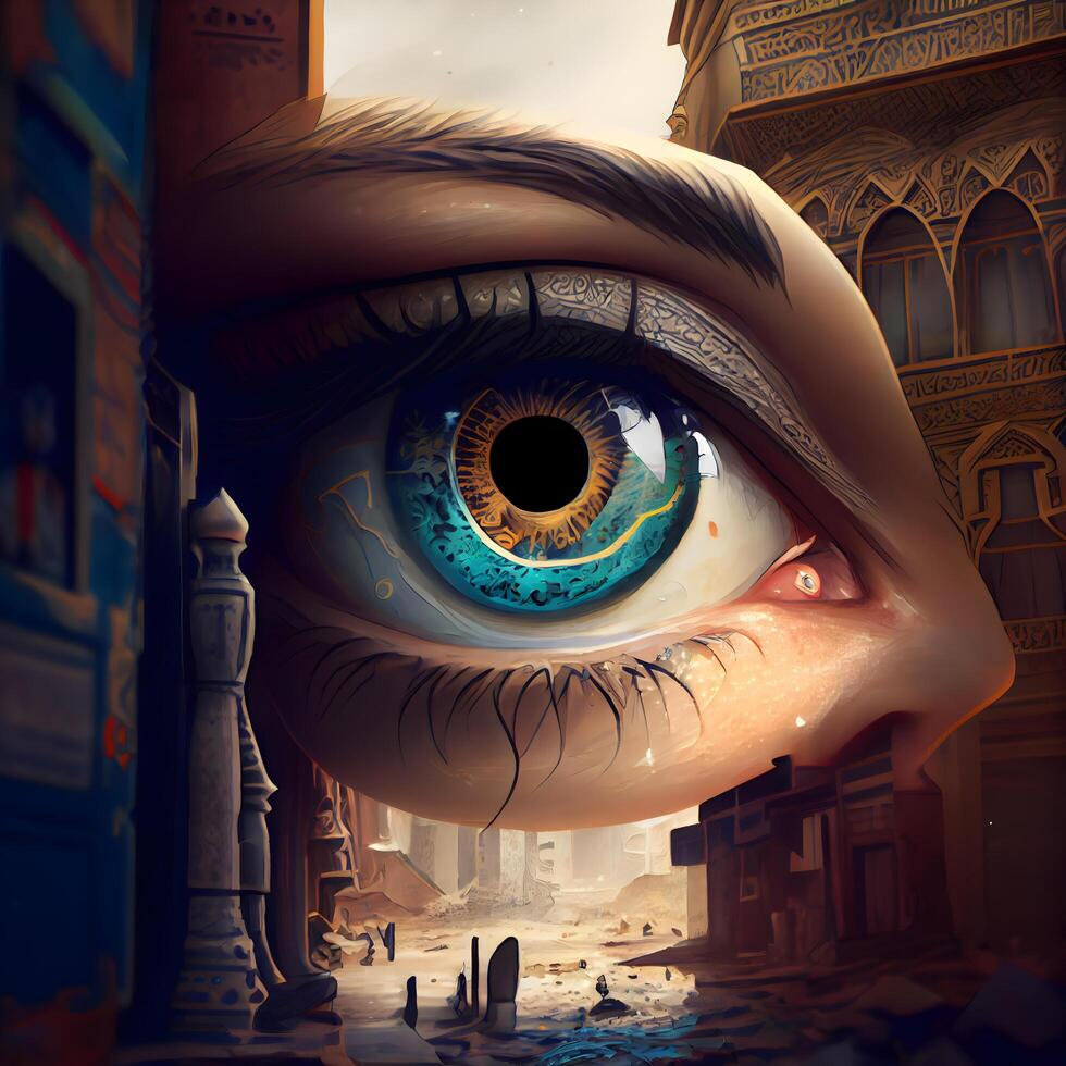 Eye of God in the old city. 3d rendering. Computer digital drawing., Image photo