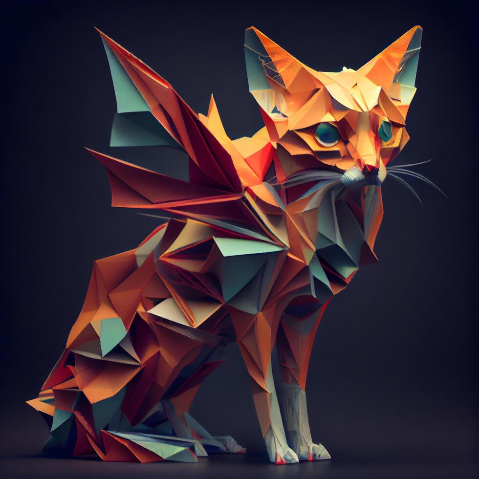 origami gato en el estilo de bajo escuela politécnica en un oscuro fondo, ai generativo imagen foto