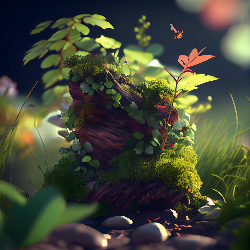 fantasía fantasía bosque con musgo y plantas. 3d ilustración., ai generativo imagen foto