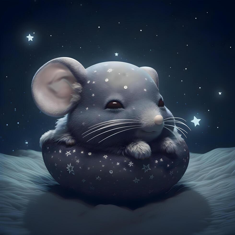 mouse sleeping on a moon in the starry sky. 3d illustration, Image photo