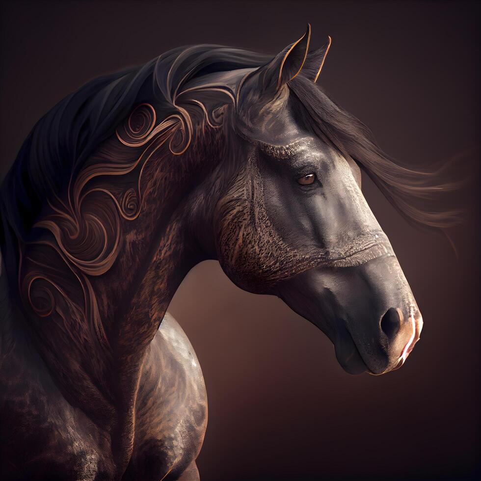 Horse portrait with ornament on the mane on a dark background, Image photo