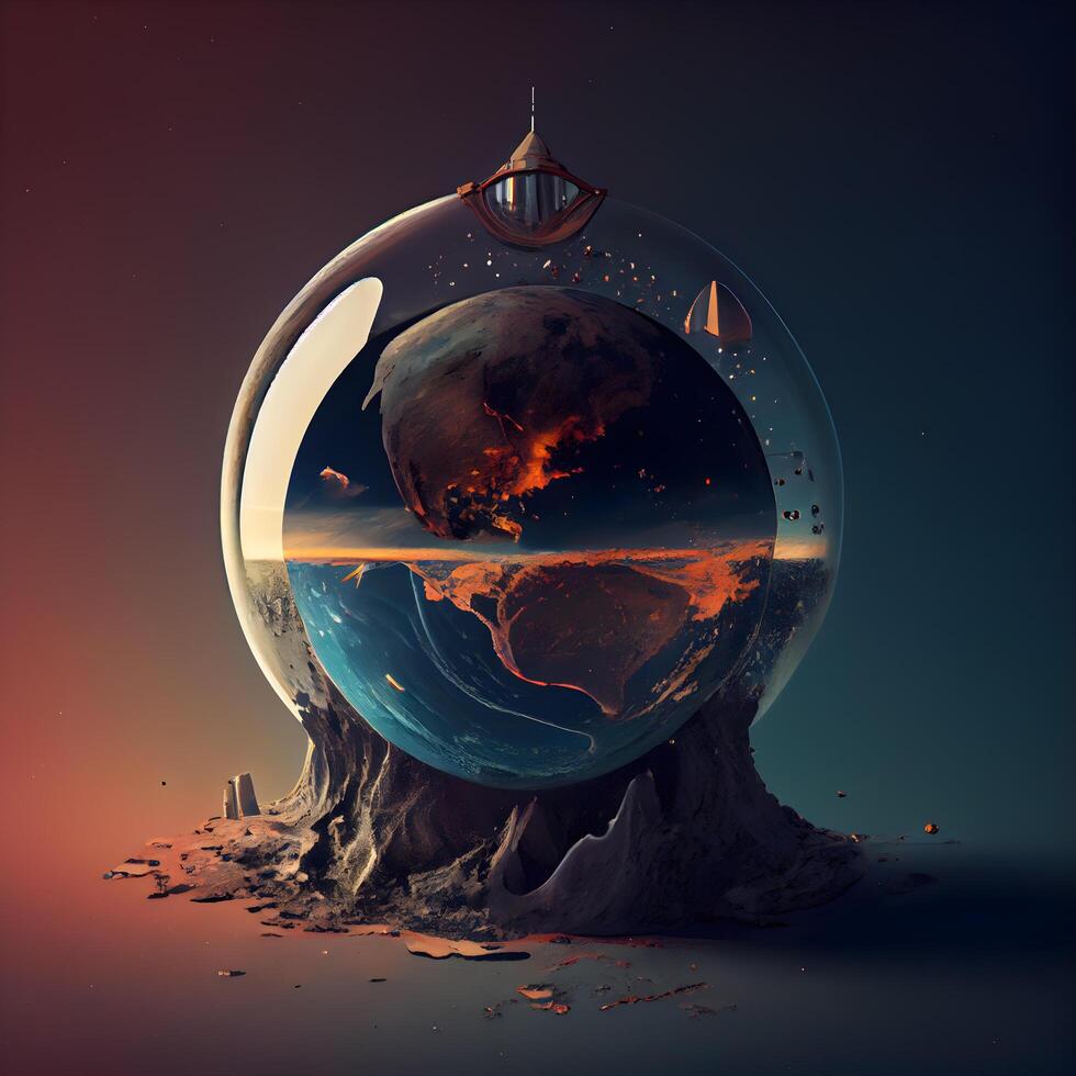 Fantasy landscape with a planet in a glass sphere. 3d rendering, Image photo