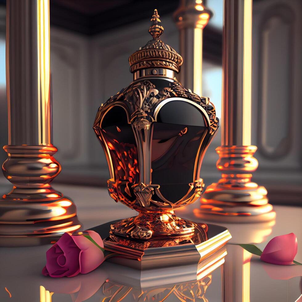 Luxury perfume bottle in the interior. 3D rendering., Image photo