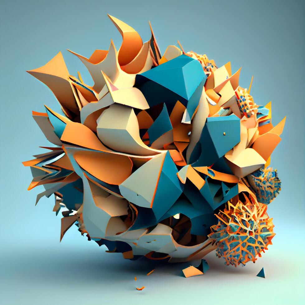 Abstract 3d rendering of chaotic polygonal object in blue and orange colors, Image photo