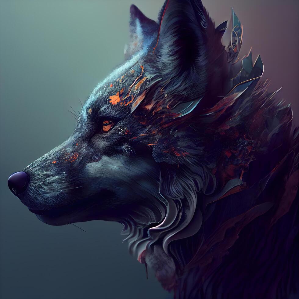 Fantasy portrait of a wolf with red eyes. Digital painting., Image photo
