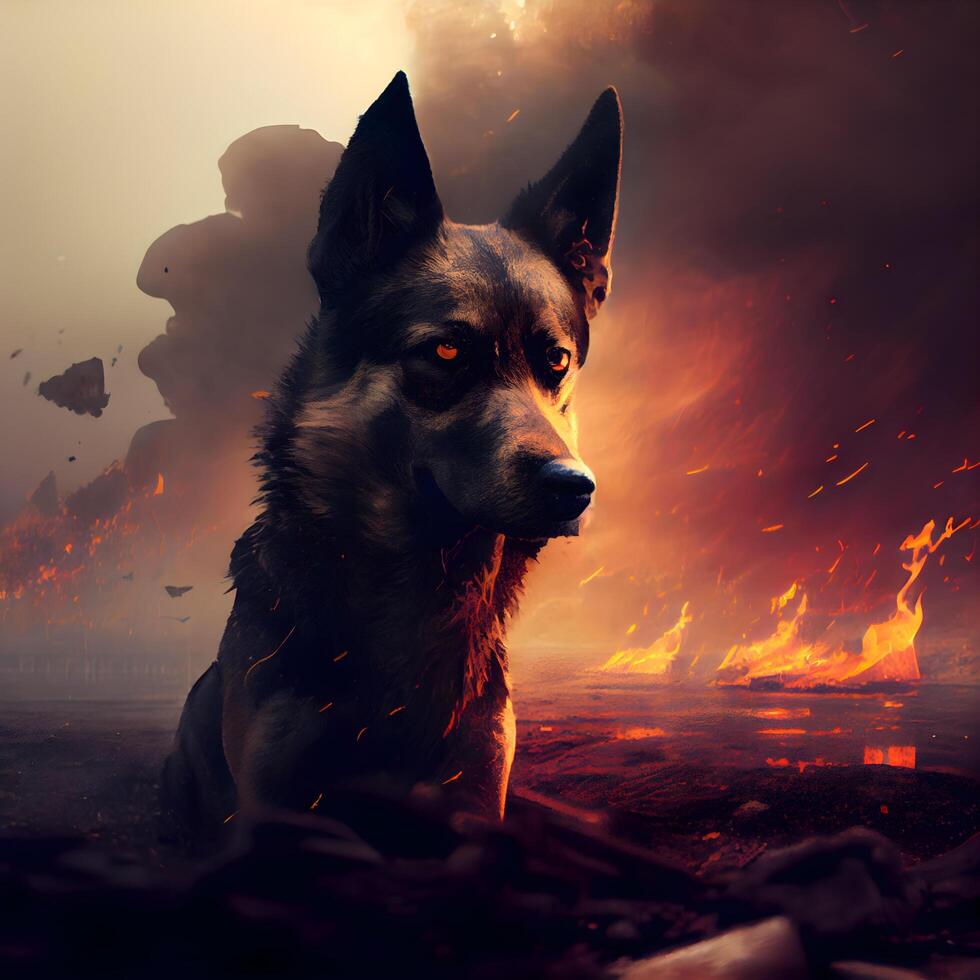 German shepherd in the fire on the background of a burning forest., Image photo