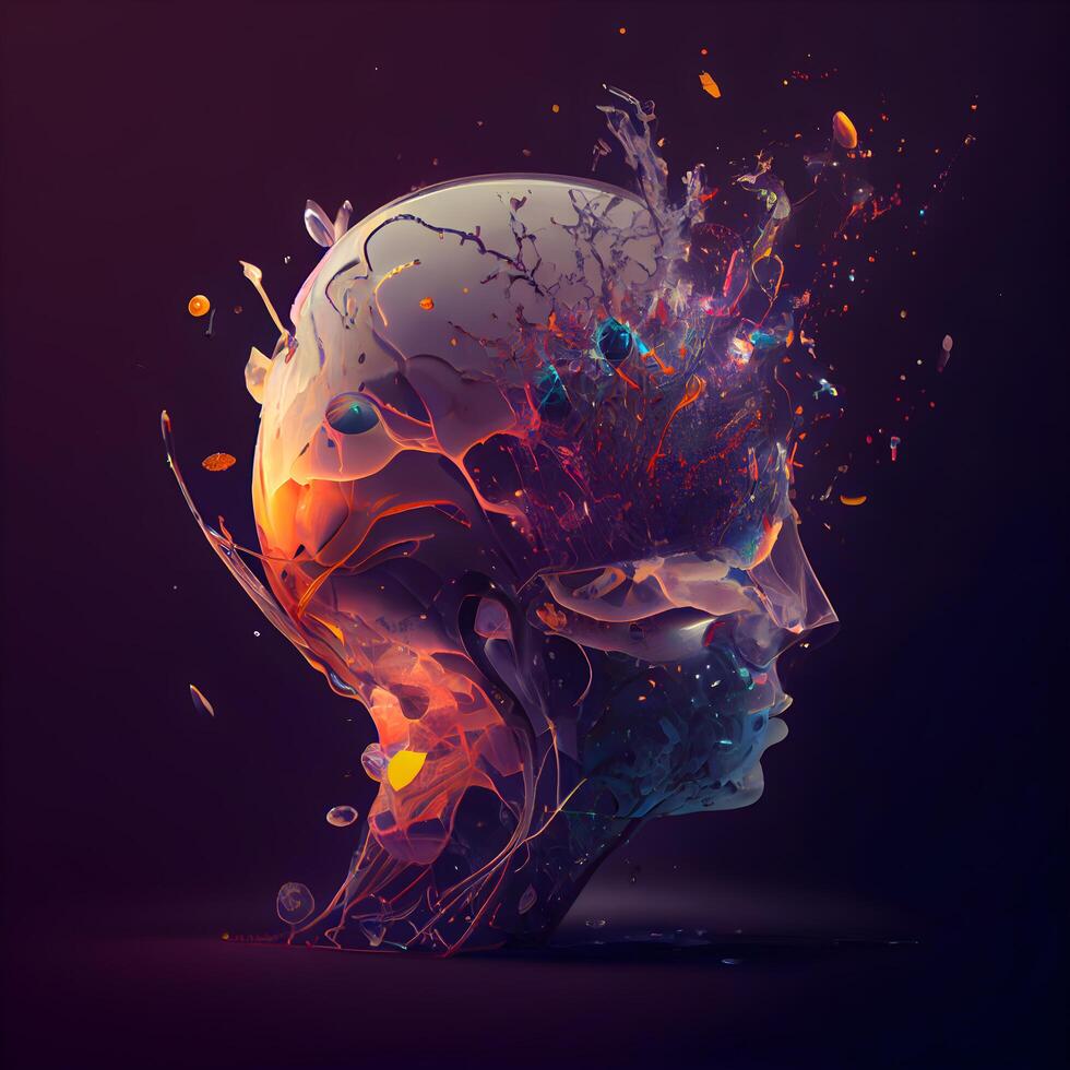 Abstract human head with colorful paint splashes on dark background. illustration., Image photo